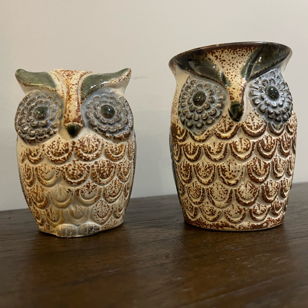 Mid-Century Ceramic Owl Storage Set - Brown and Cream